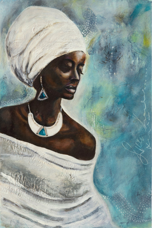 A painting of a dark skinned regal looking woman wearing a white African headdress and white cloth draped around her body, sitting quietly in a reflective pose. Eyes cast downwards as it thinking.